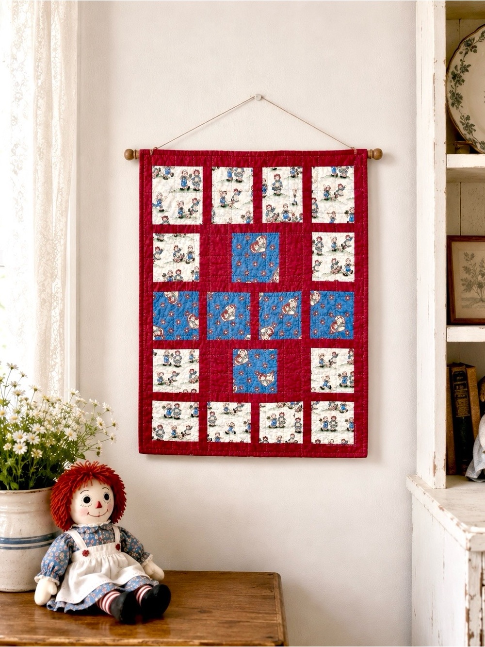 Vintage Style Raggedy Ann & Andy Handmade Patchwork Crib Quilt Wall Hanging